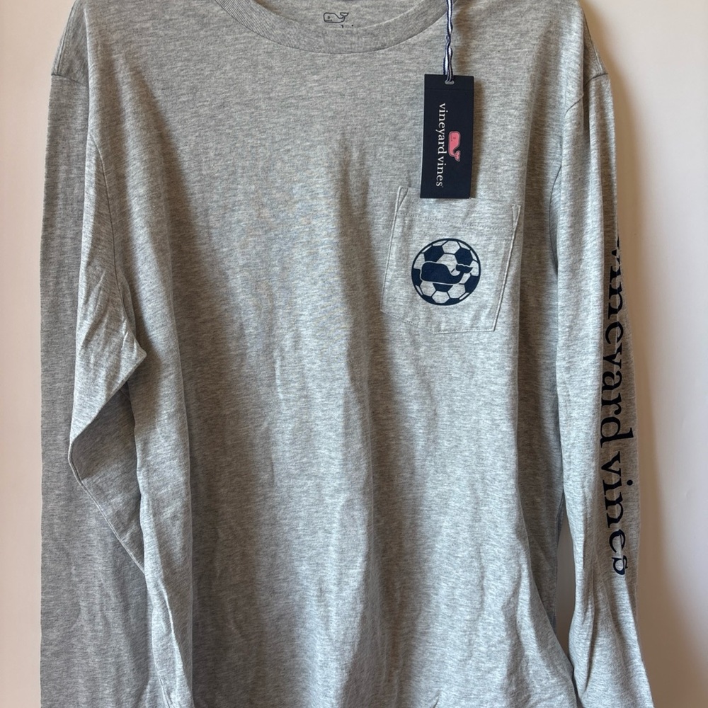Vineyard Vines Long Sleeve Soccer Whale Dot Tshirt , Large, Gray Navy